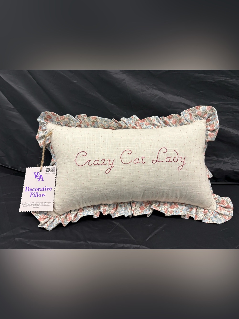 Decorative 'Crazy Cat Lady' Floral Ruffled Accent Pillow